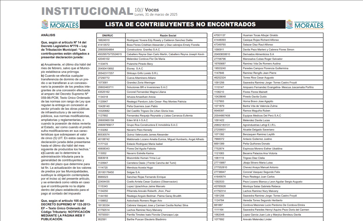 LISTA DE CONTRIBUYENTES NO ENCONTRADOS 